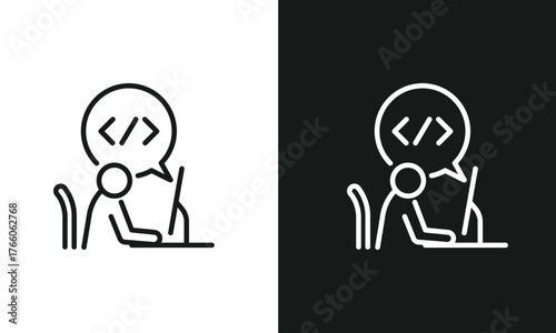 Programmer Thinking Code Line Art Icon, Minimalist Stick Figure Developer at Laptop with Symbol in Speech Bubble, Modern Vector Graphic for Software Engineering and Web Development.