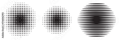 vector halftone illusions set concentric dot field and horizontal lens shapes modern abstract design
