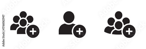 group add icon trio of user silhouettes with plus sign clean vector for user management interfaces