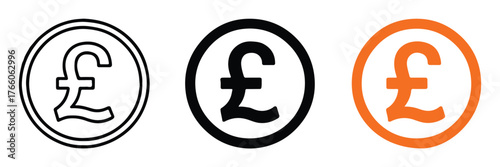 currency symbol badge set british pound in three circular styles monochrome and orange vector eps ai png jpeg