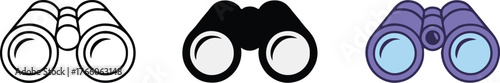 minimal binoculars icon set black outline silhouette and vibrant purple blue detailed illustration vector