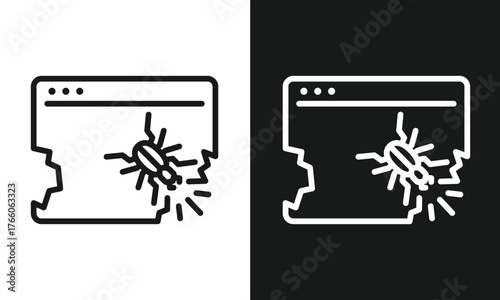 Software Bug Icon, Website Error Line Art, Computer Virus and Malware Symbol, Damaged Browser Window for Debugging, Minimalist Vector Graphic for Cybersecurity, Black and White Versions.