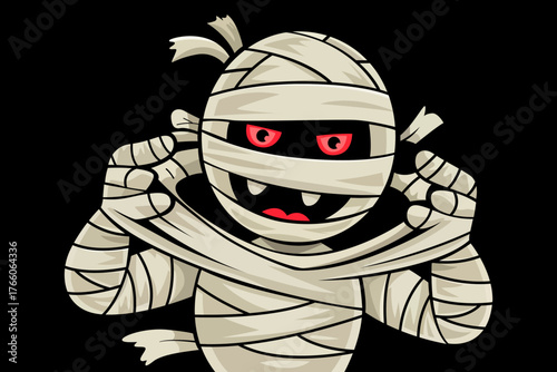 Halloween mummy. Halloween cartoon character mummy. Vector illustration of mummy for sticker, t-shirt, poster, banner, greeting card, clipart, graphic design. Mummy character. Halloween mummy costume