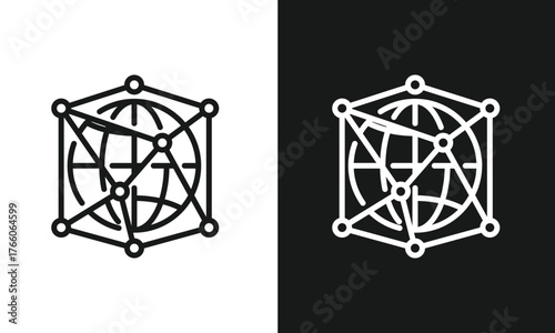 Global Network Data Cube Outline Icon A simple line art icon showing a globe inside a wireframe cube with a connected network, representing global data, blockchain, or decentralized technology.