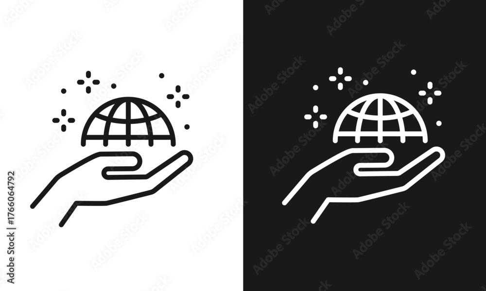 Fototapeta premium Hand Holding Glowing Earth Globe Outline Icon A simple line art icon depicting a hand holding a glowing globe, symbolizing global reach, ecology, and social responsibility.