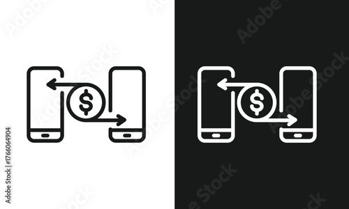 Mobile Peer-to-Peer Money Transfer Outline Icon A simple line art icon showing money (dollar coin) being transferred between two mobile phones, representing P2P or digital payment