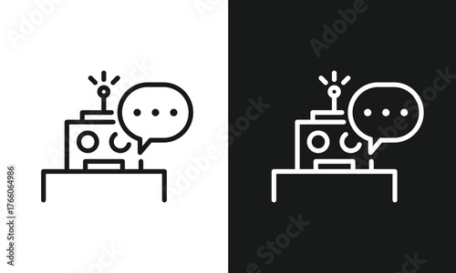 Chatbot Robot Conversation Outline Icon A versatile line art icon of a chatbot robot with a speech bubble, symbolizing AI conversation and customer service.