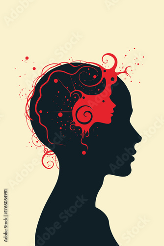 Silhouette of a woman’s head with an abstract red face inside, representing inner self, mental health, psychology, duality, and the complexity of thoughts and emotions.