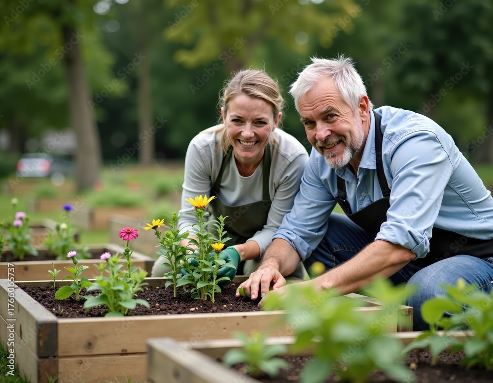 Fototapeta premium Elderly caucasian couple gardening together in a lush park setting
