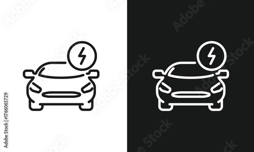 Electric Vehicle Charging Line Icon A versatile black and white line art icon depicting an electric car with a charging lightning bolt symbol.