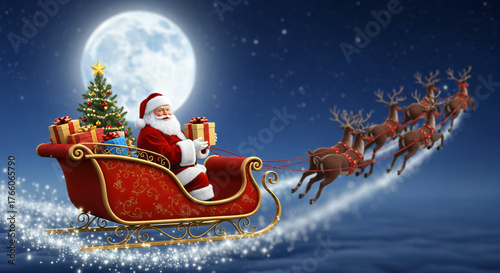 A digital illustration depicts Santa Claus in his sleigh, pulled by reindeer, flying across a magical, nighttime sky under a large full moon. Santa Claus is seated with a Christmas tree and gifs.