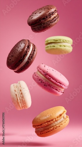Wallpaper Mural Delicate French macarons floating against a soft pink background, showcasing a variety of pastel and rich colors in elegant suspended motion Torontodigital.ca