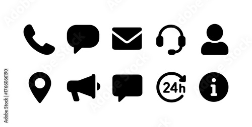 Essential communication and support icons: modern black silhouette set
