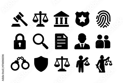 Silhouette icons of justice: law, order, and security symbols in black and white