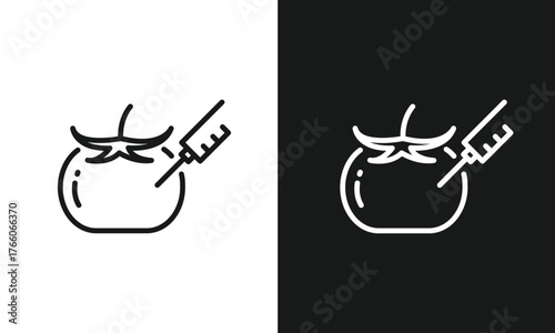 Genetic Modification Icon, Tomato with Syringe Line Art, GMO Food Symbol, Concept for Biotechnology, Food Science, and Chemical Additives, Minimalist Vector Graphic, Black and White Versions.