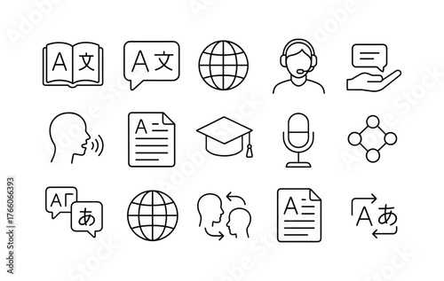 Language learning icons featuring translation and communication in linear style