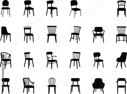 Chair silhouette collection, modern and classic styles, ergonomic design, interior furniture icons, black shapes, flat vector illustration