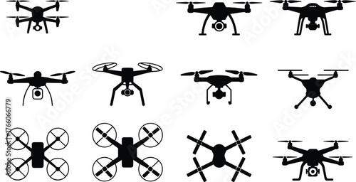 Drone silhouette set, quadcopter icons, aerial technology symbols, black vector illustration, unmanned aircraft shapes, flat style graphic design