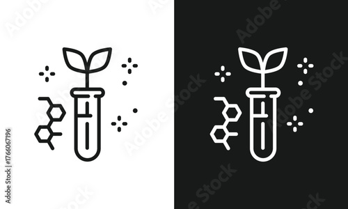 Genetic Engineering Line Art Icon, Plant Growth in Test Tube with DNA Structure, Minimalist Vector Graphic for Biotechnology, Agri-Science, and Lab Research, Modern Innovation Symbol, Black and White.