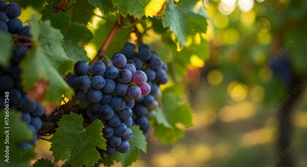 Naklejka premium Clusters of ripe grapes hanging from the vine in a lush vineyard during a sunny day