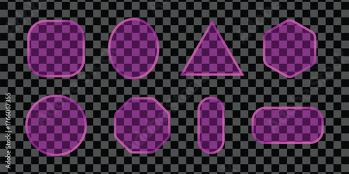 Vector Illustration of futuristic glass frames of geometric shapes including square, circle, triangle, hexagon, rectangle etc. Liquid glass with light frame in pink color