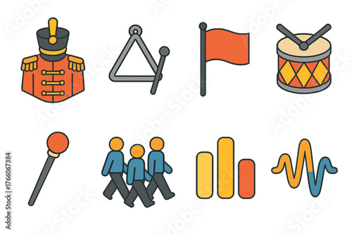 Marching Band Icons. Marching Triangle flat icons: band uniform, triangle, flag, drum, baton, parade line, rhythm bars, sound wave