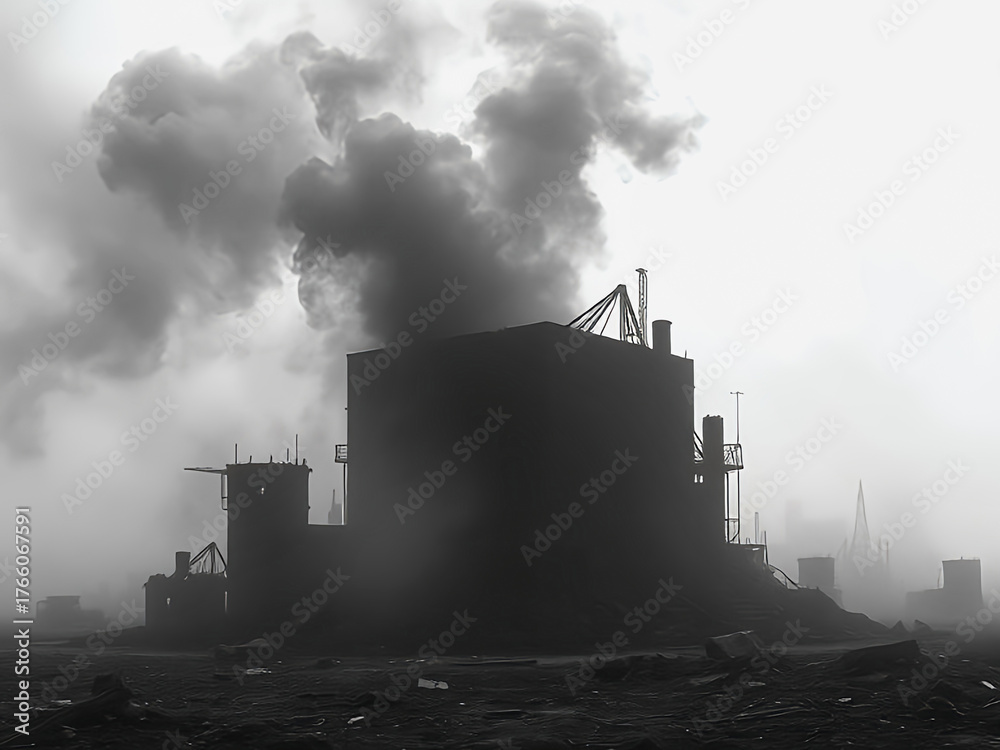 Fototapeta premium Post-apocalyptic black-and-white silhouette of a ruined smoky factory with billowing emissions in a foggy wasteland, evoking dystopian industrial decay and environmental ruin