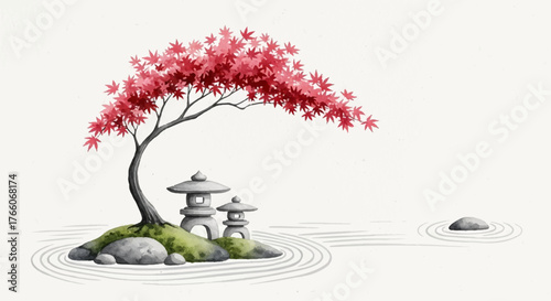 Watercolor Modern Japanese Garden with Maple Tree and Stone Lanterns - Elegant Illustration in EPS
