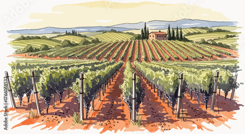 Watercolor Modern Landscape of a Lush Vineyard in the Rolling Hills with a Farmhouse