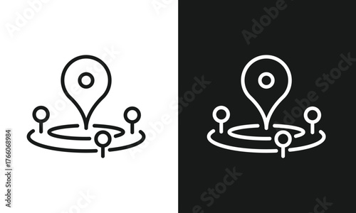 Location Pin Icon, Local Hub and Network Symbol, Minimalist Line Art for GPS Navigation, Map Marker, and Geolocation, Modern Vector Graphic for Business and Travel, Black and White Versions.