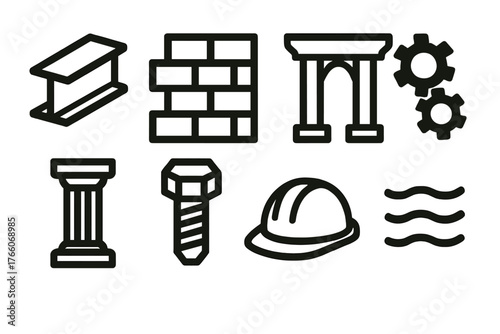Brutalist Construction Icons. Structural Strength silhouette set: steel beam, brick wall, bridge support, gear connection, pillar, bolt icon, construction helmet, stability lines ,