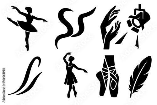 Brutalist Ballet Icons. Dance Grace silhouette set: ballet dancer, flowing ribbon, poised hands, elegant pose, stage spotlight, graceful movement line, pointe shoes, feather