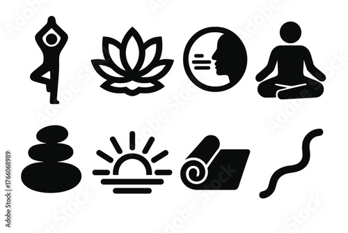 Bold Yoga Icon Set. Yoga Poise silhouette set: tree pose, lotus symbol, breathing circle, meditative figure, balanced stones, sunrise glow, yoga mat, flowing line