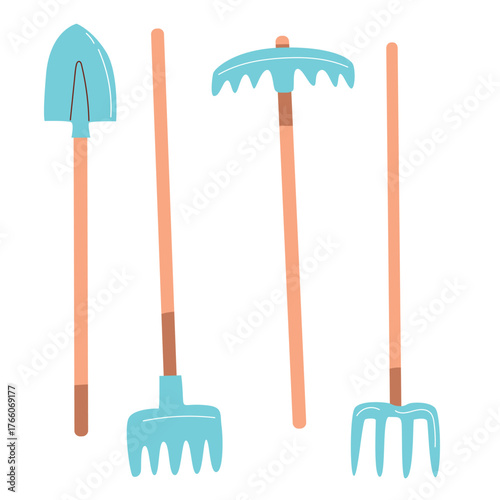 Four gardening tools including a shovel, rake, hoe, and pitchfork. Each tool has a wooden handle and a blue metal head, suitable for outdoor gardening tasks.