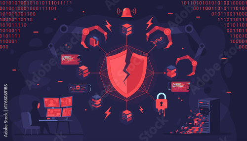 Cyberattack alert and system warning illustration depicting a cracked shield, robotic arms, data breaches, and a hacker monitoring multiple screens, symbolizing digital security threats and network