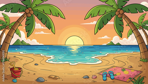 Vibrant cartoon illustration of a tropical beach scene at sunset, featuring palm trees with coconuts, a sandy shore with seashells and a bucket and spade, gentle ocean waves, distant islands, and a