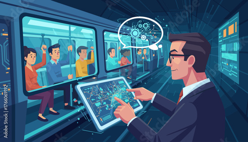 Transportation and logistics manager uses a tablet to interact with a futuristic subway system, displaying a complex network map and data visualizations, while passengers ride the train in the