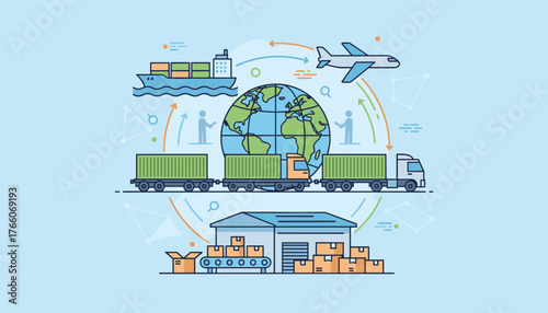 Global logistics and transportation network illustration featuring a cargo ship, airplane, trucks, and a warehouse, symbolizing international trade, supply chain management, and worldwide delivery