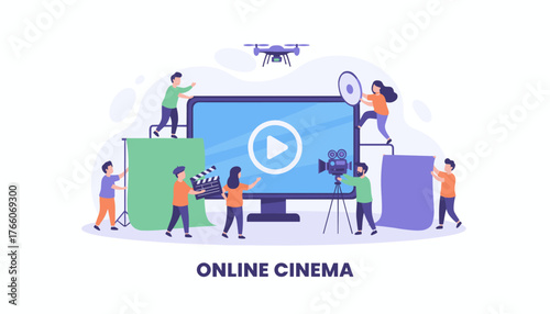 Vivid flat illustration depicting a diverse team of filmmakers creating content for online cinema, featuring a large monitor with a play button, camera, drone, green screen, clapperboard, and