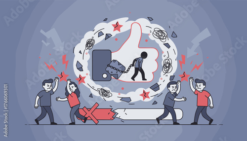 Vector illustration depicting the concept of negative work and social media addiction, with a chained figure inside a thumb-up icon, surrounded by angry people and broken elements, symbolizing