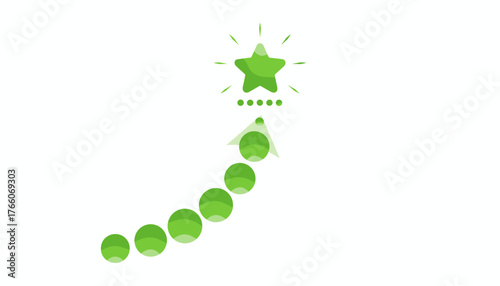 Green gradient star symbol with radiating light and a path of ascending circles leading to it, representing success, achievement, and reaching goals on a clean white background, perfect for business