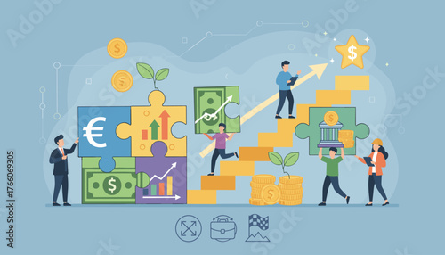 Conceptual illustration of financial growth and investment strategies, depicting people collaborating to build a successful business by assembling puzzle pieces representing currency, charts, and