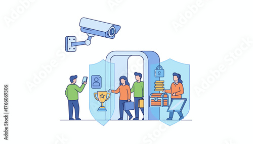 Modern vector illustration depicting a comprehensive security system with a surveillance camera, a secure entryway, people passing through, and symbols of protection like shields, locks, and a