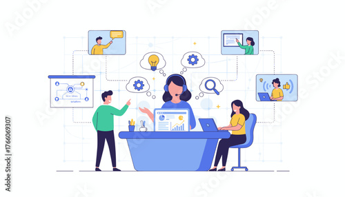 Vivid vector illustration depicting an online assistant working diligently, surrounded by icons representing ideas, search, and collaboration, showcasing a modern approach to customer support and
