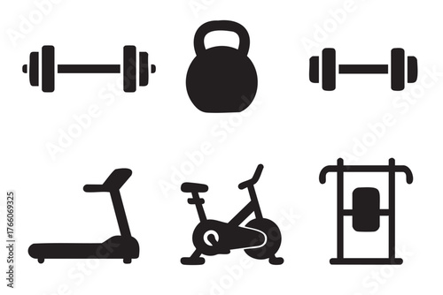 Black silhouette icons of various exercise equipment including dumbbells, a kettlebell, a treadmill, a stationary bike, and a pull-up bar.