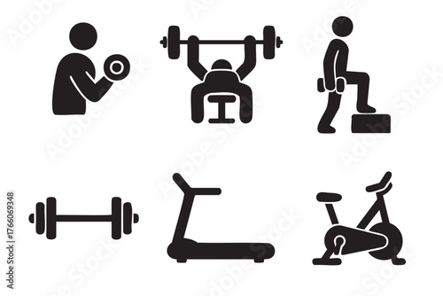 Black silhouette icons of various gym fitness equipment including weights, treadmill, exercise bike, and figures performing lifting, pressing, and stepping exercises.
