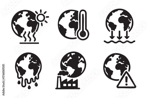 Set of six black and white icons depicting various environmental concerns, including global warming, pollution, and rising sea levels.