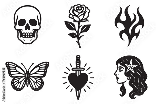 Black outline vector icons featuring a skull, rose, tribal flame, butterfly, knife-pierced heart, and female profile with starfish hair accessory.