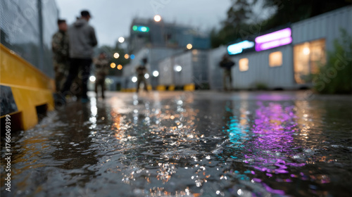 A rain-soaked street scene filled with colorful reflections captures the essence of a rainy day, showcasing the beauty of urban environments amidst inclement weather.