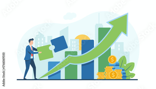 A businessman in a suit strategically places a puzzle piece, symbolizing business growth, investment, and success, against a backdrop of rising bar graphs, a green upward arrow, and city skyline